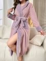 Dual Pocket Contrast Fuzzy Trim Belted Flannel Robe