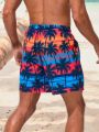 SHEIN Men'S Swim Trunks With Coconut Tree Print And Drawstring Waist