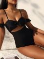 SHEIN Swim Chicsea Women's Solid Color Hollow Out Knotted Backless One-Piece Swimsuit