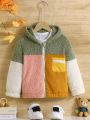 Young Girl Colorblock Letter Patched Detail Hooded Teddy Jacket Without Tee