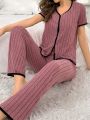 Women's Contrast Trim Lounge Wear Set With Knitted Ribbed Texture