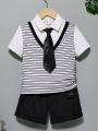 SHEIN Kids EVRYDAY Boys' Casual College Style Striped Knitted Tie Polo Shirt With Woven Solid Shorts Set