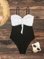 SHEIN Swim Chicsea Women's Color Block One Piece Swimsuit With Bowknot And Ruching Detail On Chest