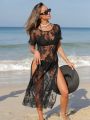 SHEIN Swim BAE 1pc High-Slit Lace Cover Up Skirt With Floral Design On Side