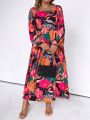 SHEIN LUNE Plus Size Full-length Floral Print Lantern Sleeve Vacation Style Dress