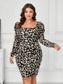 SHEIN Clasi Women's Plus Size Leopard Print Bubble Sleeve Square Neck Dress