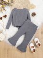 SHEIN Baby Girls' Ribbed Knit Asymmetrical Hem Top And Flared Pants Set