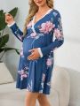 Maternity Lace Trimmed Floral Printed Long Sleeve Nightgown