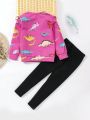 SHEIN Kids QTFun Little Girls' Dinosaur Printed Round Neck Sweatshirt And Leggings Set