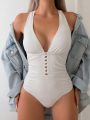 SHEIN Swim Vcay Solid Color Back Cross Halter One-piece Swimsuit