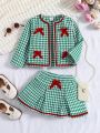 Young Girl Houndstooth Print Bow Front Jacket & Fold Pleated Skirt