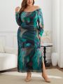 SHEIN Privé Plus Size Elegant Abstract Printed Split Dress