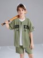 SHEIN Kids EVRYDAY Boys' Loose Fit Casual Letter Pattern Color-Block Hem Shirt And Shorts 2pcs/Set