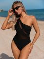 SHEIN Swim BAE Women'S Single Shoulder Mesh Splice One-Piece Swimsuit