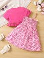 SHEIN Young Girl Ruffle Trim Top & Ditsy Floral Print Shirred Cami Dress