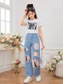 Teenage Girls' Vintage Street Style Cool Ripped Wide Leg Jeans With Comfortable Fit And Casual Feeling, Fashionable Sunglasses, Hot Girl Printed Short Tank Top