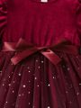 Girls autumn and winter fashion gradient mesh dress elegant velvet mesh stitching bow princess dress