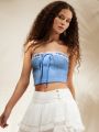 Forever 21 Women's Lace Splicing Contrast Color Strapless Top With Ribbon