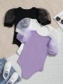SHEIN Kids Y2Kool Tween Girls' 3pcs Fashionable Sweetheart Knit Round Neck Mesh Patchwork Short Sleeve Bodysuit