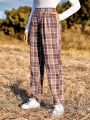 SHEIN LUNE Elastic Waist Plaid Pants With Diagonal Pockets