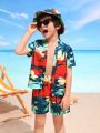 Toddler Boys' Full Printed Short Sleeve Shirt, Shorts & Swimsuit With Hat Set