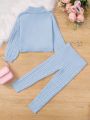 SHEIN Girls' Long Sleeve Turtleneck Sweater And Sweater Pants Set, Winter