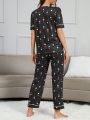 Maternity Heart Printed Contrast Piping Pajama Set