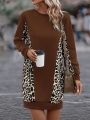 Leopard Patchwork Fleece Hooded Sweatshirt Dress