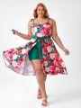 Retro Peaches Plus Size Floral Print Jumpsuit With Tie Straps, Contrast Shorts And Open Front Skirt