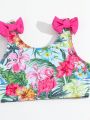 Little Girls' Flamingo & Tropical Flower Pattern Bikini Swimsuit With Bowknot Matching Half Skirt & Beachwear, Spring/Summer