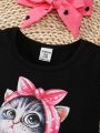 Baby Girl Cartoon Graphic Ruffle Trim Tee & Heart Print Bow Front Shorts & Headband