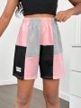 SHEIN Kids Cooltwn Tween Girls' Cool And Trendy Knitted Color-Block Shorts For Spring/Summer