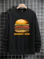 Men's Plus Size Hamburger & Letter Print Round Neck Long Sleeve Sweatshirt