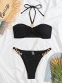 SHEIN Swim SXY Rhinestone Decorated Halter Top And Triangle Bottom Bikini Set