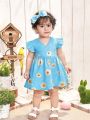 SHEIN Baby Girl Summer Holiday Flower Pattern Flutter Sleeve Dress With Headband Set