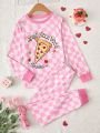 Girls' Pizza Print Two Piece Set, Long Sleeve Top And Long Pants, Autumn And Winter Home Wear