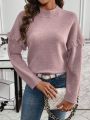 Women'S Raglan Sleeve Fringed Knitted Sweater With Shoulder Patches