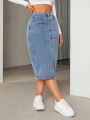 Women'S Solid Color Denim Skirt With Diagonal Pockets