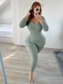 SHEIN SXY Plus Size Solid Color Fine Ribbed Slim Fit Jumpsuit