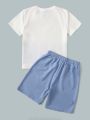 SHEIN Teen Boys' Casual Letter Print Round Neck Top And Solid Color Shorts Set