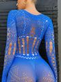 Rhinestone Studded Fishnet Romper Bodysuit Without Lingerie Set