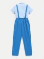 Boys' Blue Short Sleeve Shirt With Suspenders And Long Pants Suit, Gentleman Style