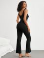 SHEIN Leisure Solid Color Rib Knit Jumpsuit For Home Wear