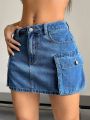 SHEIN EZwear Flap Pocket Denim Skirt