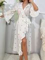 Polka Dot Print Ruffle Trim Flounce Sleeve Wrap Belted Robe