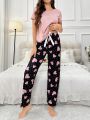 Heart Printed Short Sleeve T-Shirt And Long Pants Pajama Set