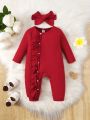 Baby Girl Mushroom Edge Pockmarked Stripe Long Sleeve Jumpsuit