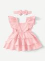 SHEIN Baby Girl's Cute Suspender Dress With Bow Decoration And Ruffle Hem