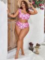 SHEIN Swim Mod Plus Size Women's Swimsuit Set With Floral Print And Ruffled Hem
