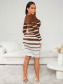 SHEIN SXY Sweater Gradient Striped Tight-Fitting Long Dress In Brown, Sexy
